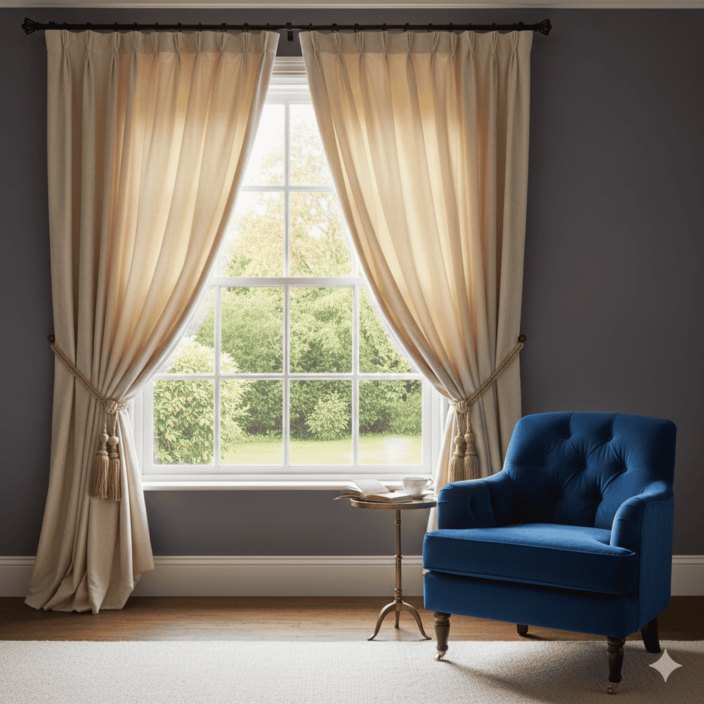 Illustration of a designer planning window furnishings